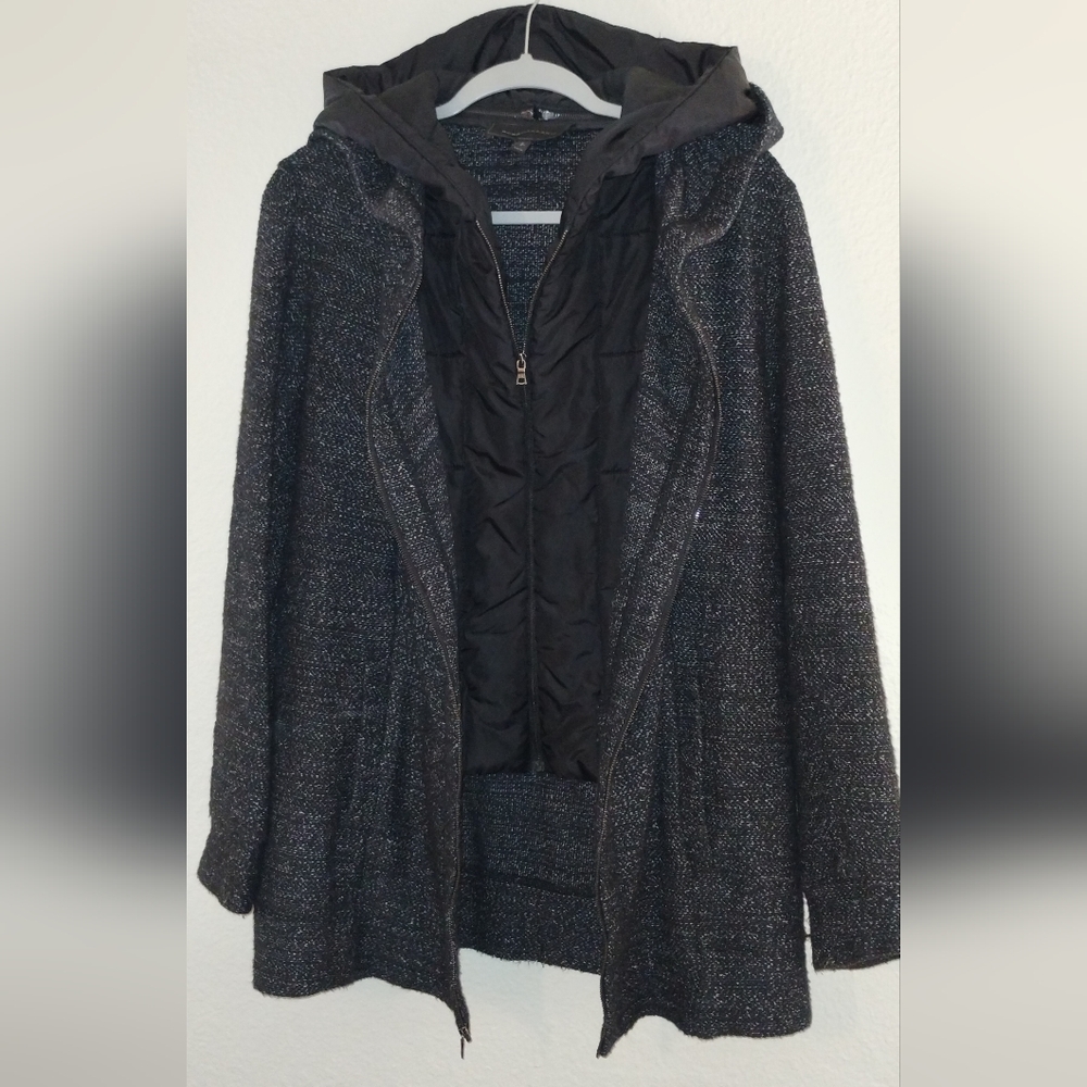 BCBG MAXAZRIA "NATHYN" DOUBLE LAYER JACKET- REMOVABLE HOOD ~SIZE XS ~ GRAY/BLACK - Picture 1 of 16